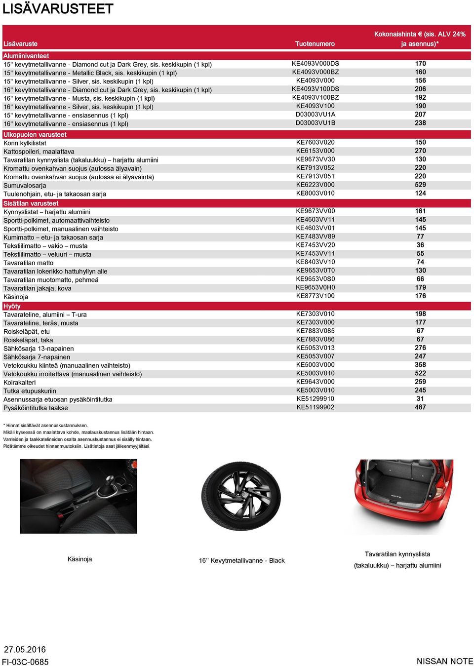 keskikupin (1 kpl) KE4093V000 156 16" kevytmetallivanne - Diamond cut ja Dark Grey, sis. keskikupin (1 kpl) KE4093V100DS 206 16" kevytmetallivanne - Musta, sis.