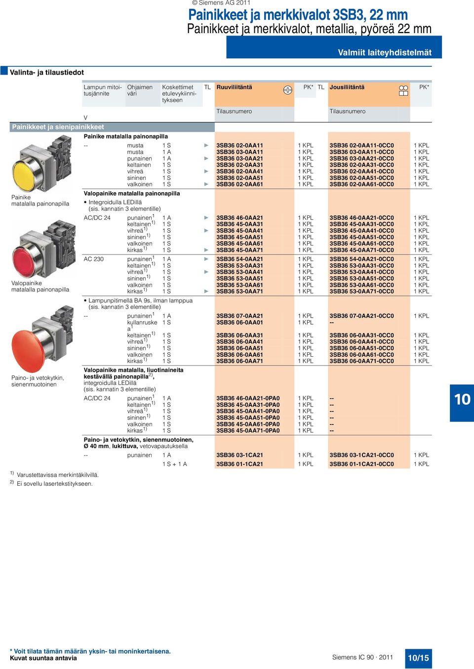 3SB36 02-0AA11 1 KPL 3SB36 02-0AA11-0CC0 1 KPL musta 1 A 3SB36 03-0AA11 1 KPL 3SB36 03-0AA11-0CC0 1 KPL punainen 1 A } 3SB36 03-0AA21 1 KPL 3SB36 03-0AA21-0CC0 1 KPL keltainen 1 S 3SB36 02-0AA31 1