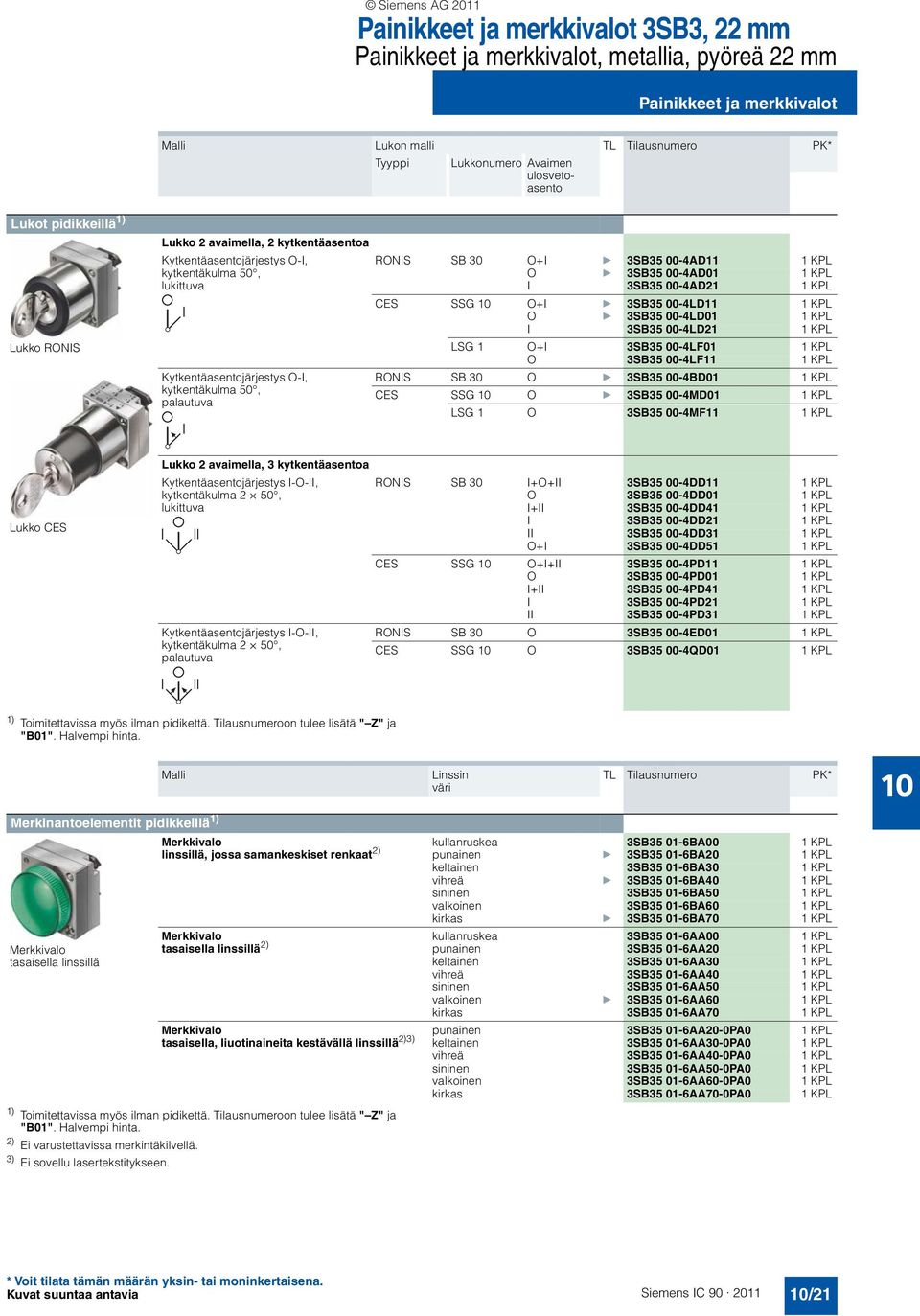 3SB35 00-4AD21 1 KPL CES SSG O+I } 3SB35 00-4LD11 1 KPL O } 3SB35 00-4LD01 1 KPL I 3SB35 00-4LD21 1 KPL LSG 1 O+I 3SB35 00-4LF01 1 KPL O 3SB35 00-4LF11 1 KPL RONIS SB 30 O } 3SB35 00-4BD01 1 KPL CES