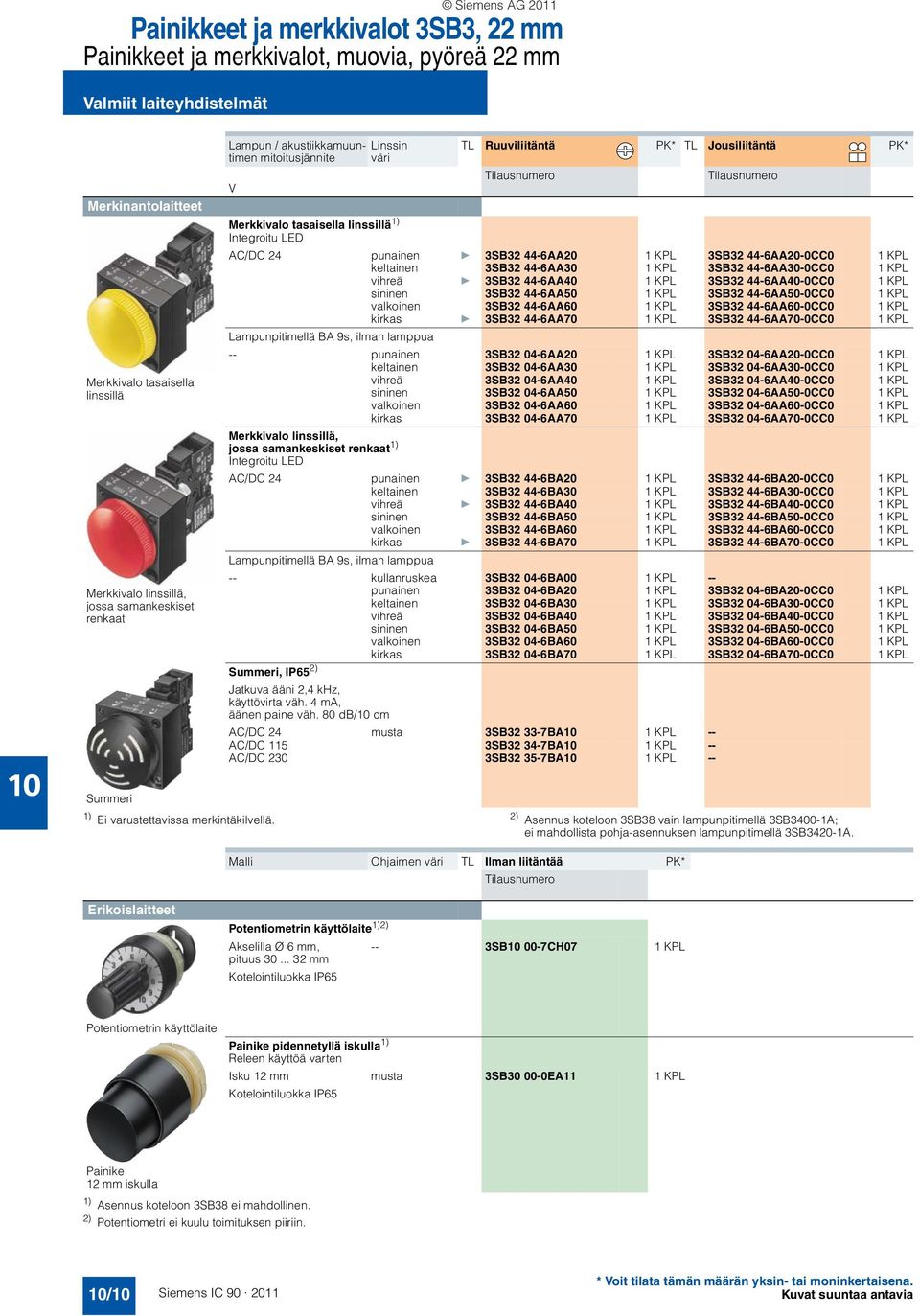 44-6AA20-0CC0 1 KPL keltainen 3SB32 44-6AA30 1 KPL 3SB32 44-6AA30-0CC0 1 KPL vihreä } 3SB32 44-6AA40 1 KPL 3SB32 44-6AA40-0CC0 1 KPL sininen 3SB32 44-6AA50 1 KPL 3SB32 44-6AA50-0CC0 1 KPL valkoinen