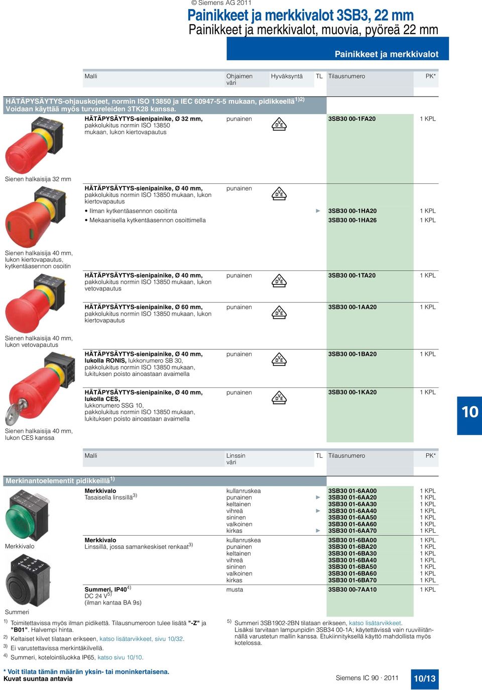 HÄTÄPYSÄYTYS-sienipainike, Ø 32 mm, pakkolukitus normin ISO 13850 mukaan, lukon kiertovapautus punainen 3SB30 00-1FA20 1 KPL Sienen halkaisija 32 mm HÄTÄPYSÄYTYS-sienipainike, Ø 40 mm, pakkolukitus