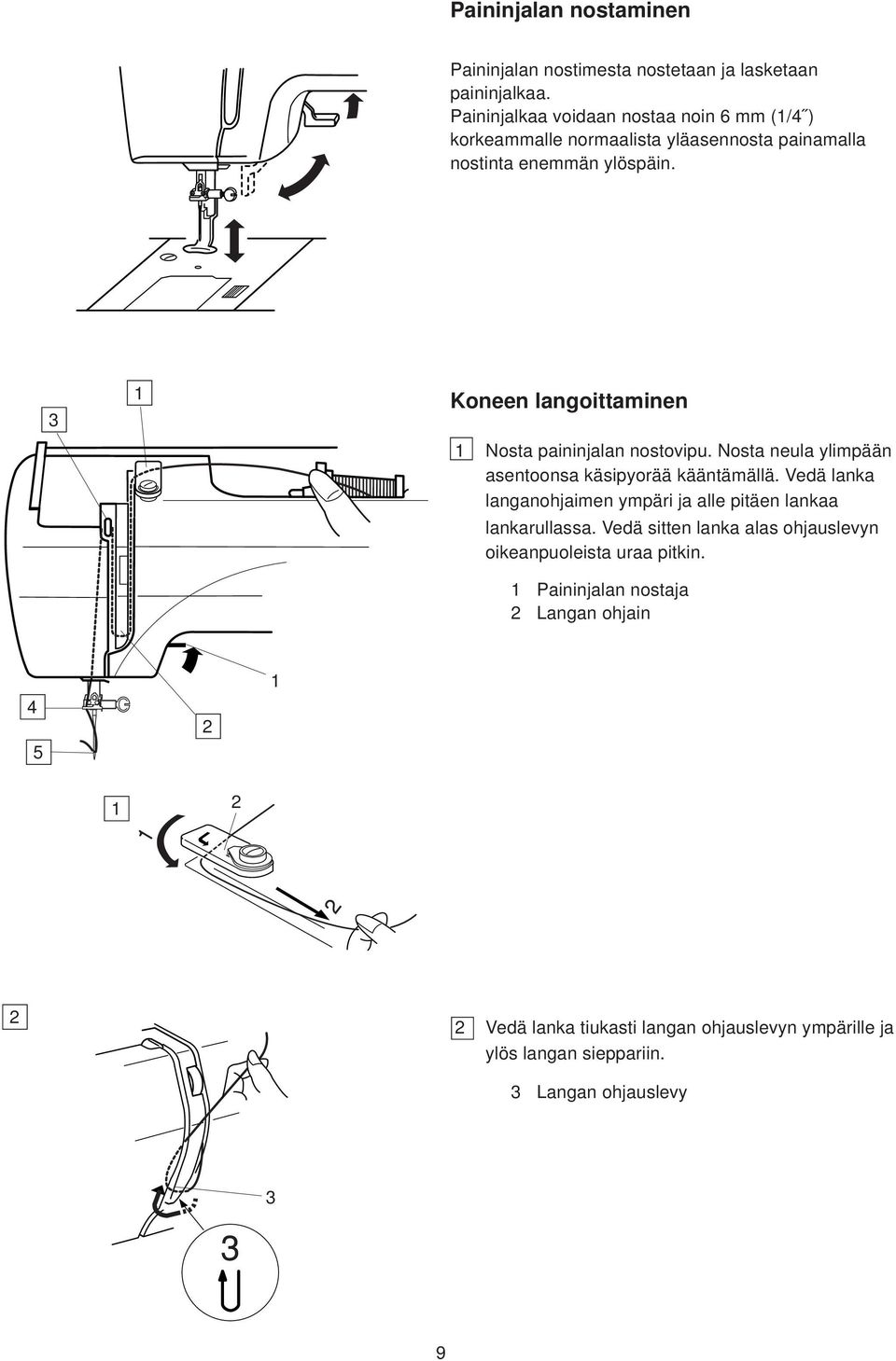 Koneen langoittaminen Nosta paininjalan nostovipu. Nosta neula ylimpään asentoonsa käsipyorää kääntämällä.