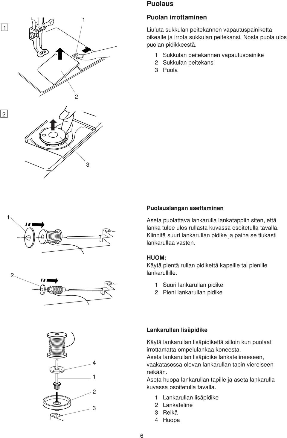 Kiinnitä suuri lankarullan pidike ja paina se tiukasti lankarullaa vasten. HUOM: Käytä pientä rullan pidikettä kapeille tai pienille lankarullille.