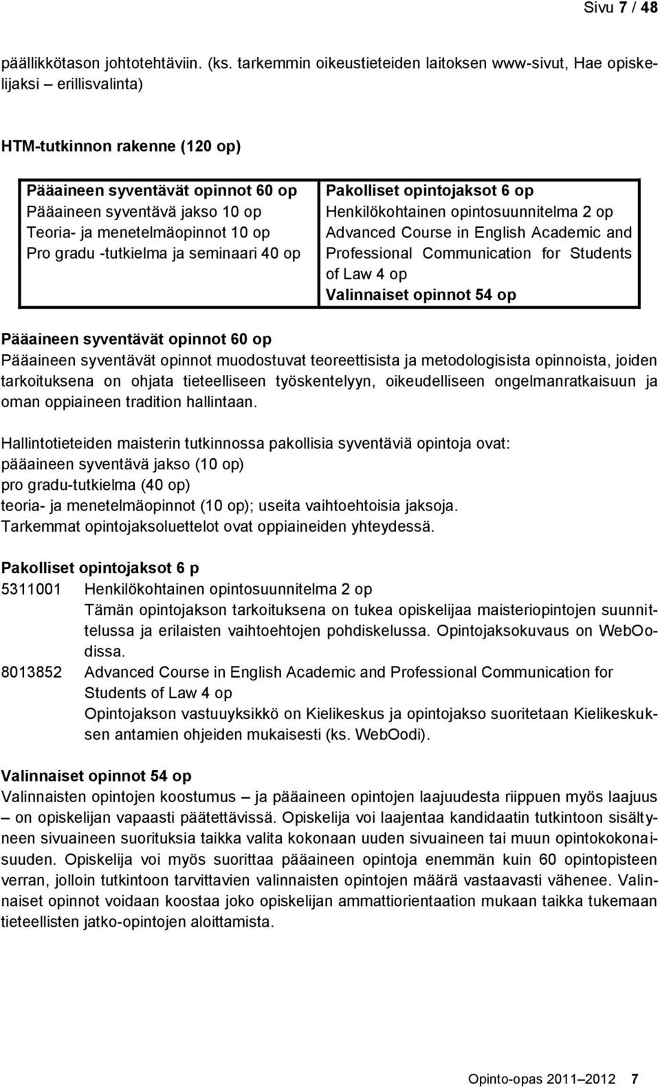 menetelmäopinnot 10 op Pro gradu -tutkielma ja seminaari 40 op Pakolliset opintojaksot 6 op Henkilökohtainen opintosuunnitelma 2 op Advanced Course in English Academic and Professional Communication