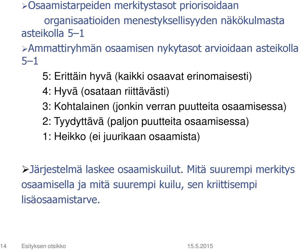 (jonkin verran puutteita osaamisessa) 2: Tyydyttävä (paljon puutteita osaamisessa) 1: Heikko (ei juurikaan osaamista) Järjestelmä