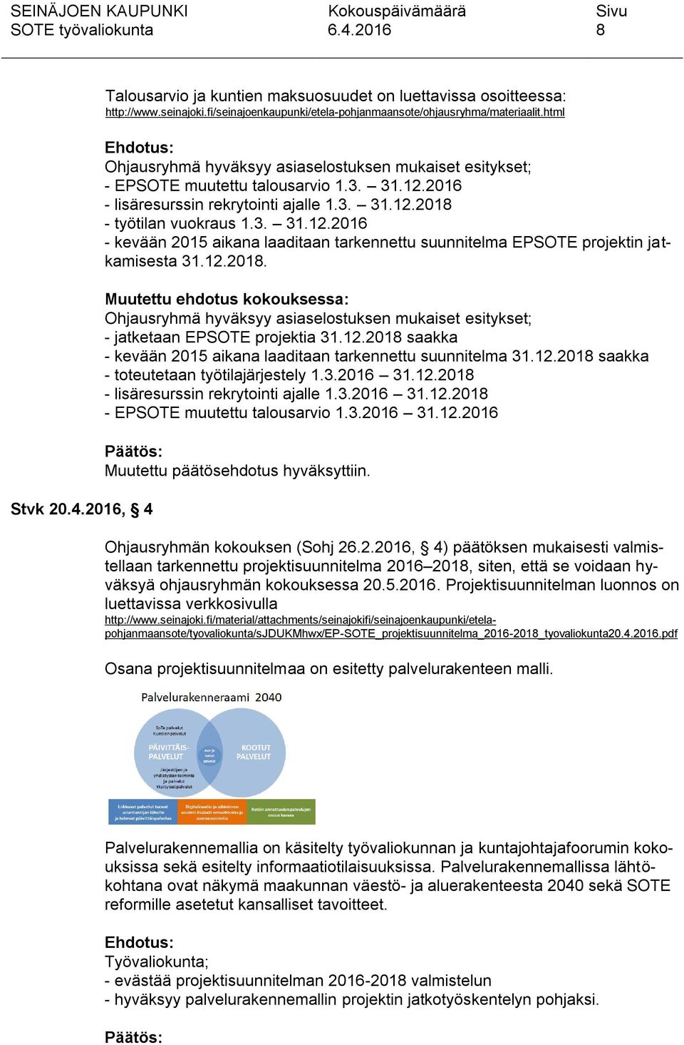 12.2018. Muutettu ehdotus kokouksessa: Ohjausryhmä hyväksyy asiaselostuksen mukaiset esitykset; - jatketaan EPSOTE projektia 31.12.2018 saakka - kevään 2015 aikana laaditaan tarkennettu suunnitelma 31.