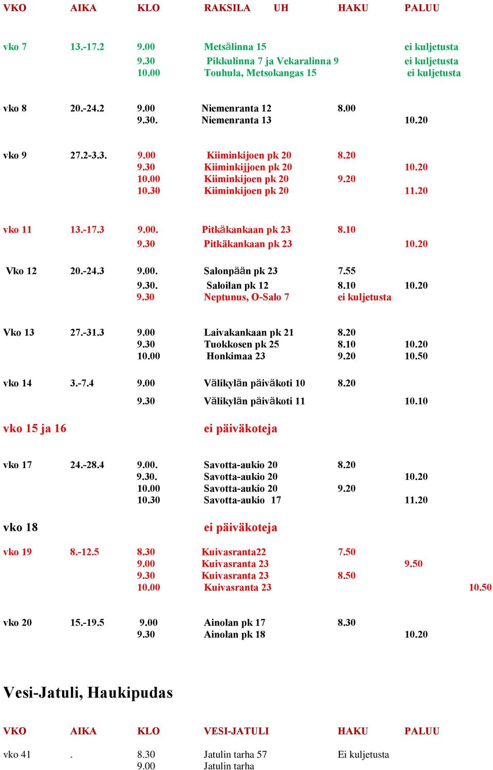 10 9.30 Pitkäkankaan pk 23 10.20 Vko 12 20.-24.3 9.00. Salonpään pk 23 7.55 9.30. Saloilan pk 12 8.10 10.20 9.30 Neptunus, O-Salo 7 ei kuljetusta Vko 13 27.-31.3 9.00 Laivakankaan pk 21 8.20 9.30 Tuokkosen pk 25 8.