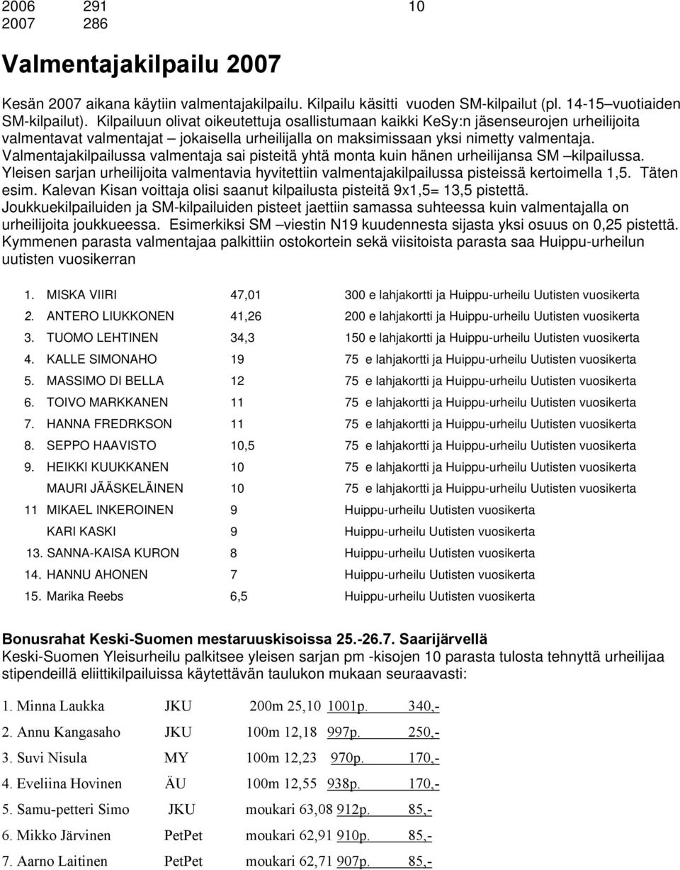 Valmentajakilpailussa valmentaja sai pisteitä yhtä monta kuin hänen urheilijansa SM kilpailussa. Yleisen sarjan urheilijoita valmentavia hyvitettiin valmentajakilpailussa pisteissä kertoimella 1,5.