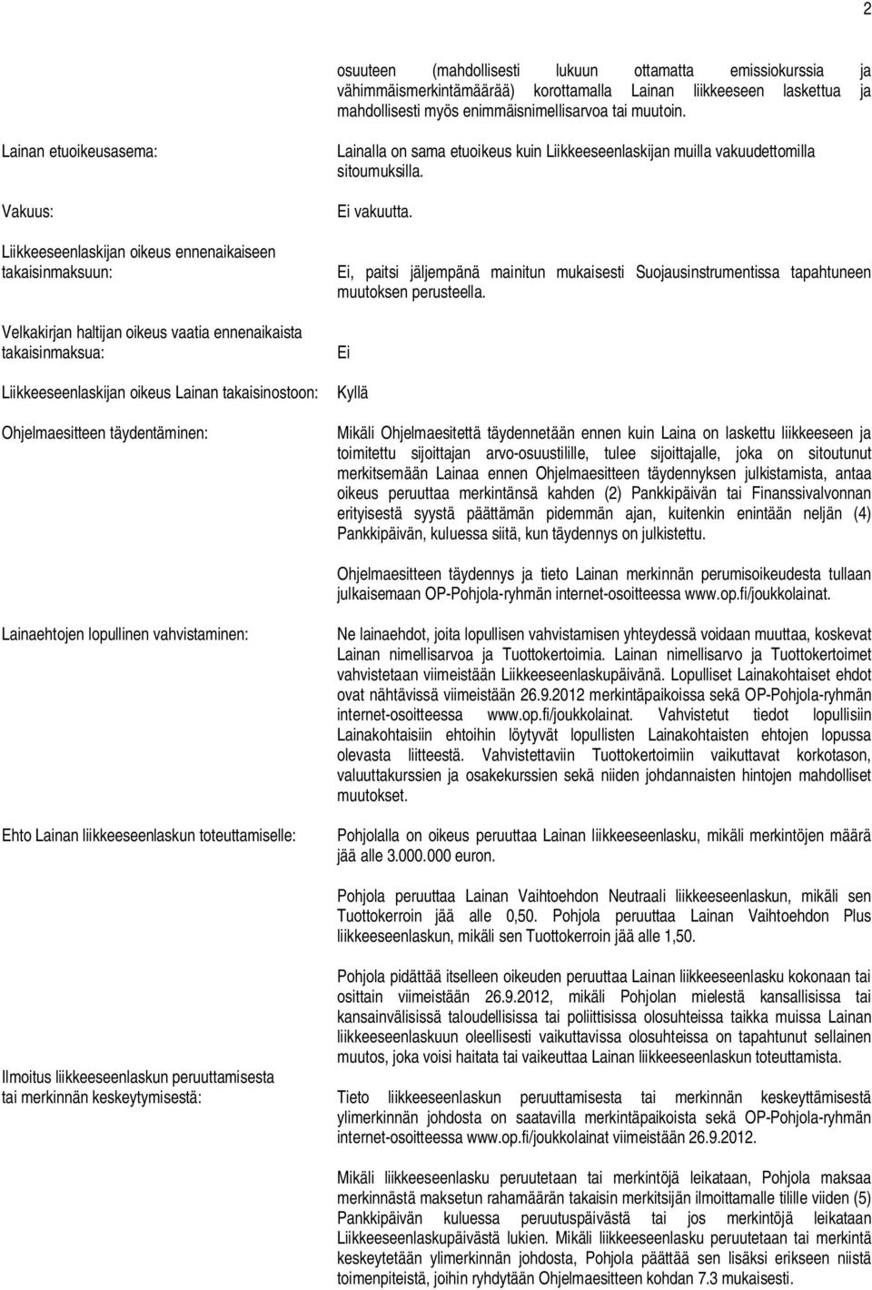 Liikkeeseenlaskijan muilla vakuudettomilla sitoumuksilla. Ei vakuutta. Ei, paitsi jäljempänä mainitun mukaisesti Suojausinstrumentissa tapahtuneen muutoksen perusteella.