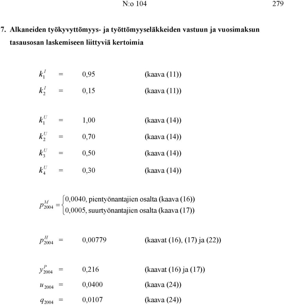 (kaava (11)) I k 2 = 0,15 (kaava (11)) U k 1 = 1,00 (kaava (14)) U k 2 = 0,70 (kaava (14)) U k 3 = 0,50 (kaava (14)) U k 4 = 0,30