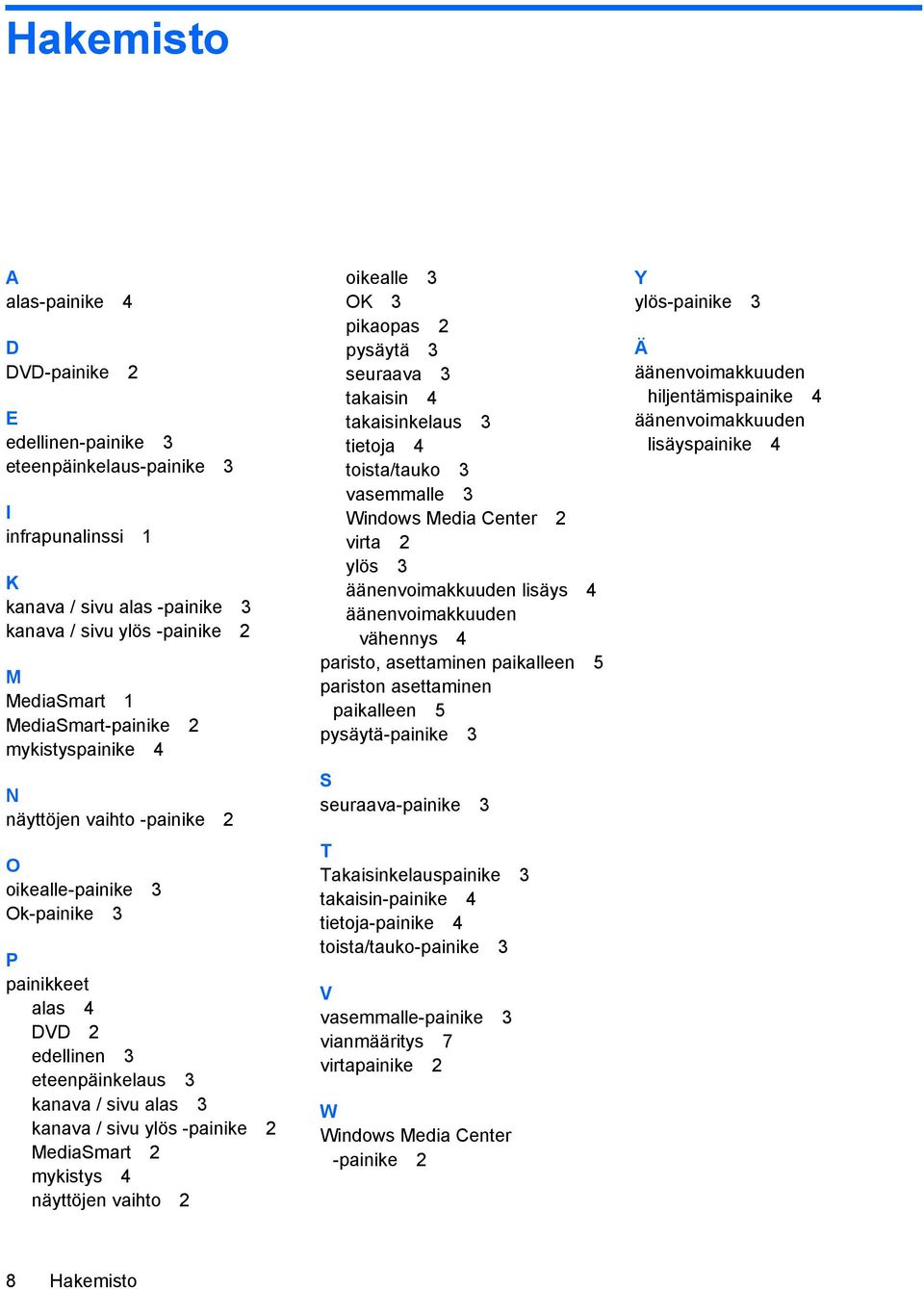 -painike 2 MediaSmart 2 mykistys 4 näyttöjen vaihto 2 oikealle 3 OK 3 pikaopas 2 pysäytä 3 seuraava 3 takaisin 4 takaisinkelaus 3 tietoja 4 toista/tauko 3 vasemmalle 3 Windows Media Center 2 virta 2