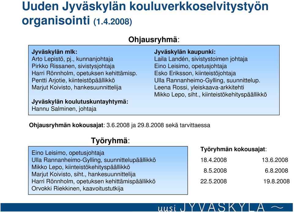 opetusjohtaja Esko Eriksson, kiinteistöjohtaja Ulla Rannanheimo-Gylling, suunnittelup. Leena Rossi, yleiskaava-arkkitehti Mikko Lepo, siht., kiinteistökehityspäällikkö Ohjausryhmän kokousajat: 3.6.