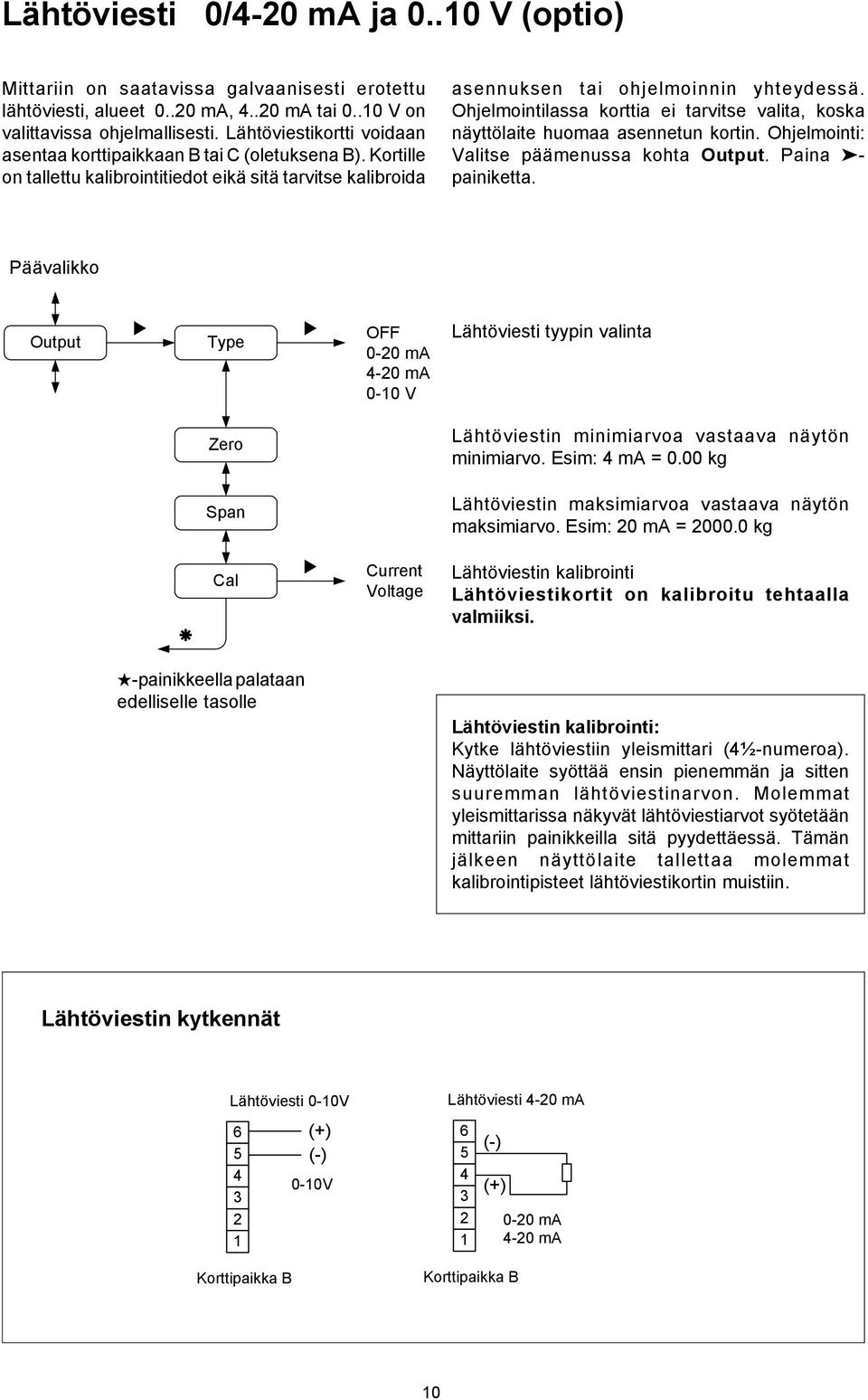 Ohjelmointilassa korttia ei tarvitse valita, koska näyttölaite huomaa asennetun kortin. Ohjelmointi: Valitse päämenussa kohta Output. Paina - painiketta.