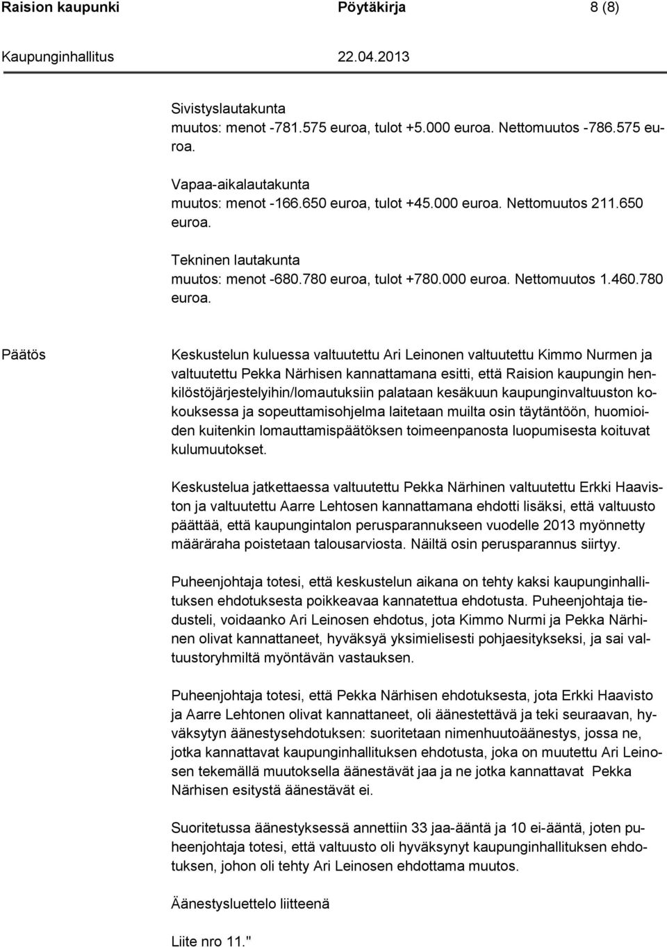 780 Päätös Keskustelun kuluessa valtuutettu Ari Leinonen valtuutettu Kimmo Nurmen ja valtuutettu Pekka Närhisen kannattamana esitti, että Raision kaupungin henkilöstöjärjestelyihin/lomautuksiin