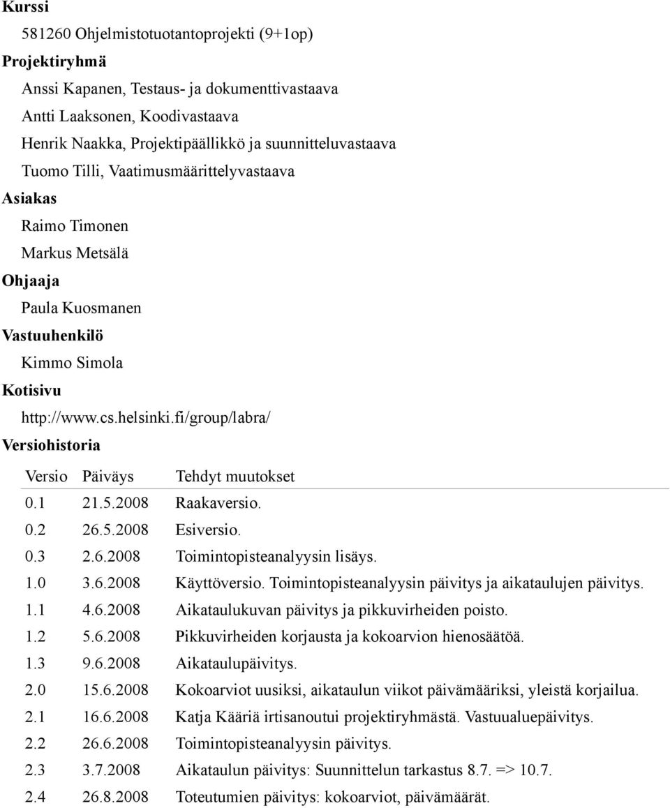 fi/group/labra/ Versiohistoria Versio Päiväys Tehdyt muutokset 0.1 21.5.2008 Raakaversio. 0.2 26.5.2008 Esiversio. 0.3 2.6.2008 Toimintopisteanalyysin lisäys. 1.0 3.6.2008 Käyttöversio.