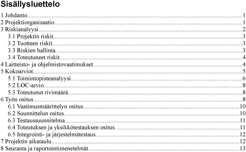 3 Toteutunut rivimäärä...8 6 Työn ositus...8 6.1 Vaatimusmäärittelyn ositus...10 6.2 Suunnittelun ositus...10 6.3 Testaussuunnitelma...11 6.