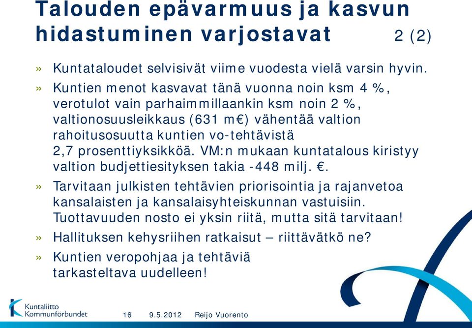 vo-tehtävistä 2,7 prosenttiyksikköä. VM:n mukaan kuntatalous kiristyy valtion budjettiesityksen takia -448 milj.