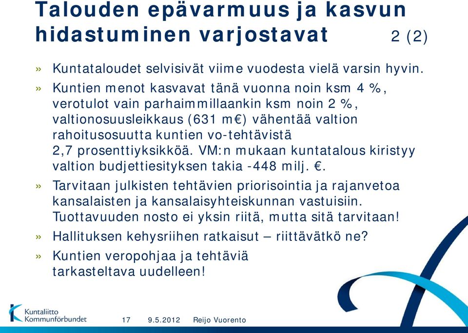 vo-tehtävistä 2,7 prosenttiyksikköä. VM:n mukaan kuntatalous kiristyy valtion budjettiesityksen takia -448 milj.