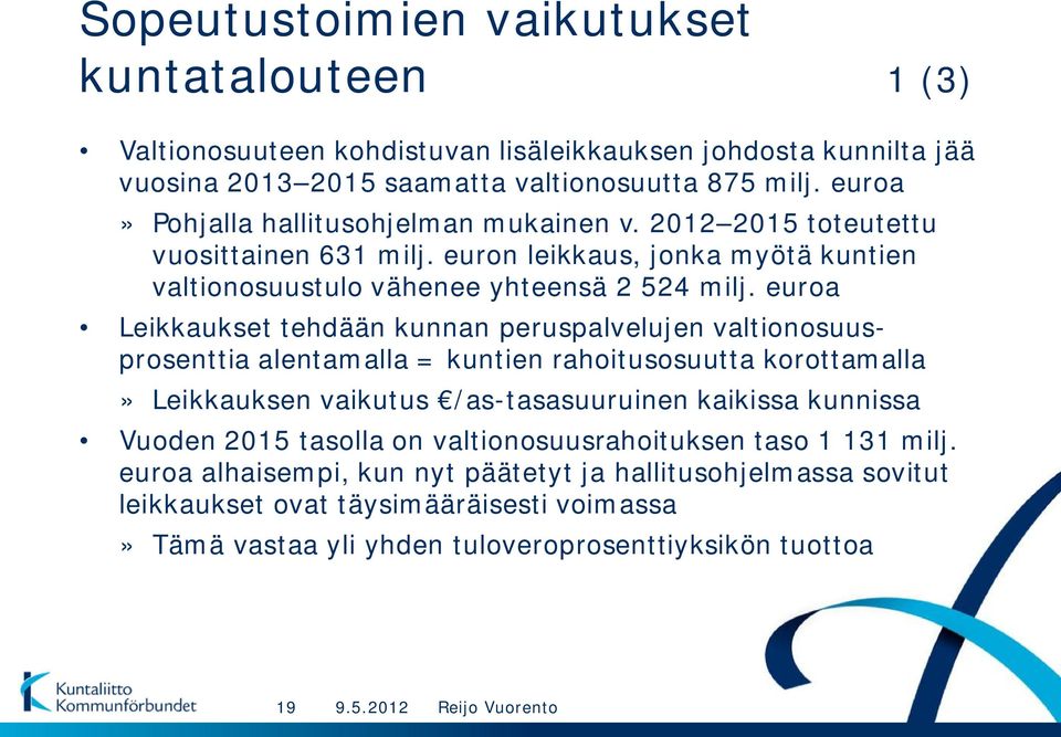 euroa Leikkaukset tehdään kunnan peruspalvelujen valtionosuusprosenttia alentamalla = kuntien rahoitusosuutta korottamalla» Leikkauksen vaikutus /as-tasasuuruinen kaikissa kunnissa Vuoden