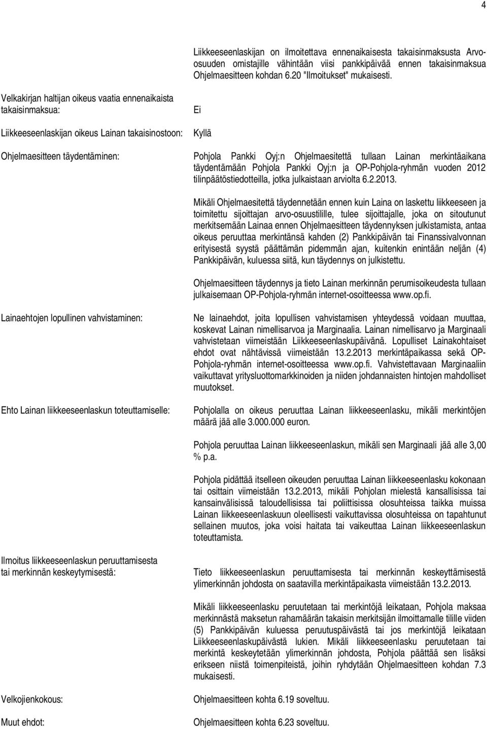 Lainan merkintäaikana täydentämään Pohjola Pankki Oyj:n ja OP-Pohjola-ryhmän vuoden 2012 tilinpäätöstiedotteilla, jotka julkaistaan arviolta 6.2.2013.