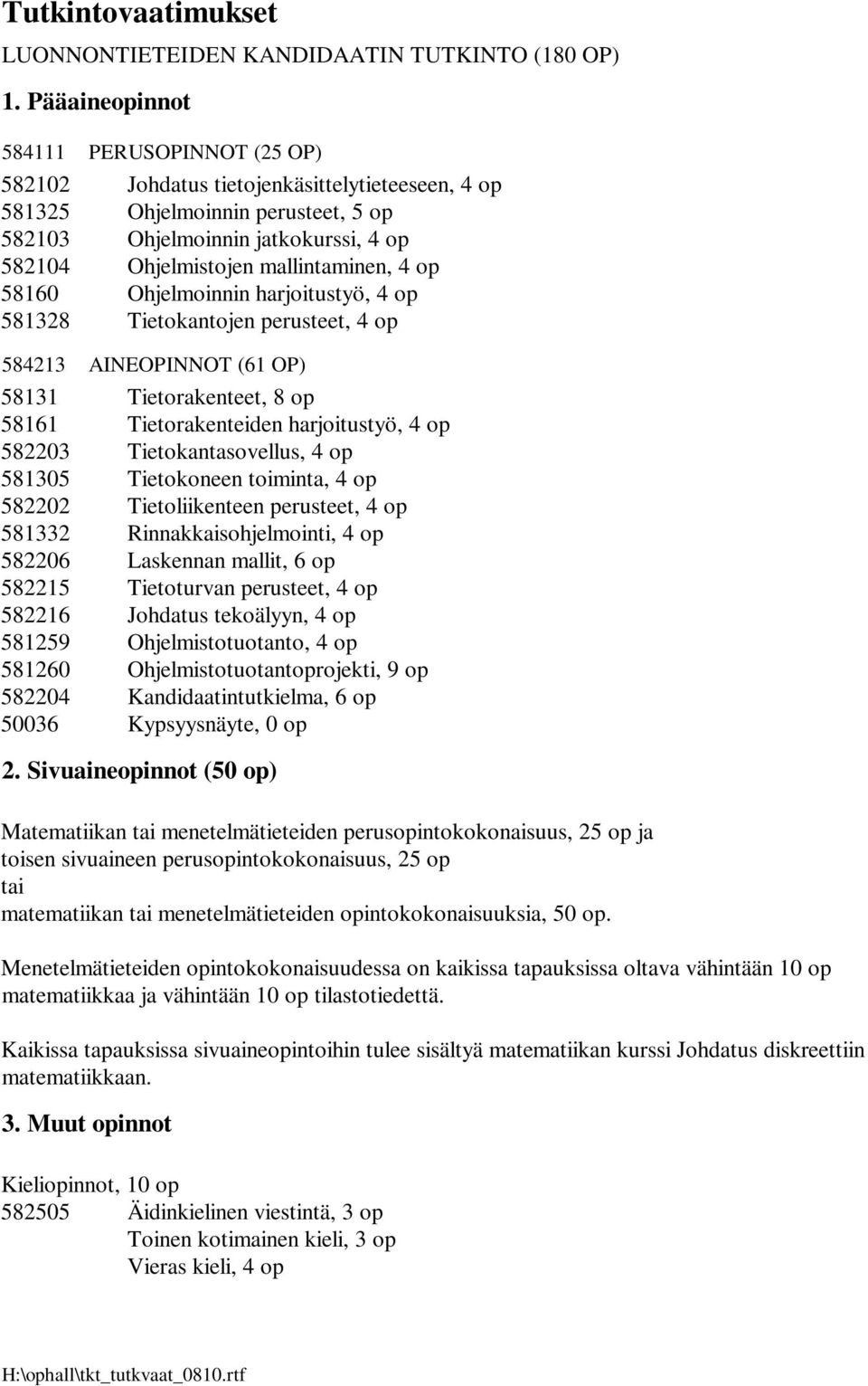 op 58161 Tietorakenteiden harjoitustyö, 4 op 582203 Tietokantasovellus, 4 op 581305 Tietokoneen toiminta, 4 op 582202 Tietoliikenteen perusteet, 4 op 581332 Rinnakkaisohjelmointi, 4 op 582206