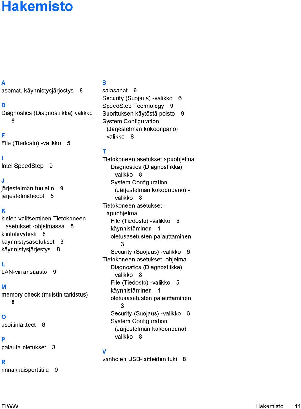 rinnakkaisporttitila 9 S salasanat 6 Security (Suojaus) -valikko 6 SpeedStep Technology 9 Suorituksen käytöstä poisto 9 System Configuration (Järjestelmän kokoonpano) valikko 8 T Tietokoneen