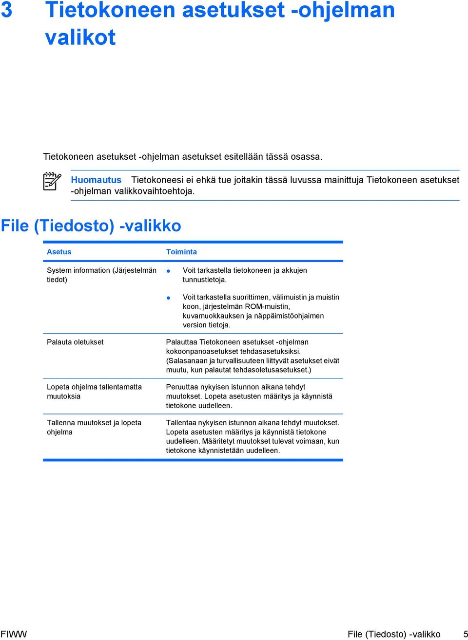 File (Tiedosto) -valikko Asetus Toiminta System information (Järjestelmän tiedot) Voit tarkastella tietokoneen ja akkujen tunnustietoja.