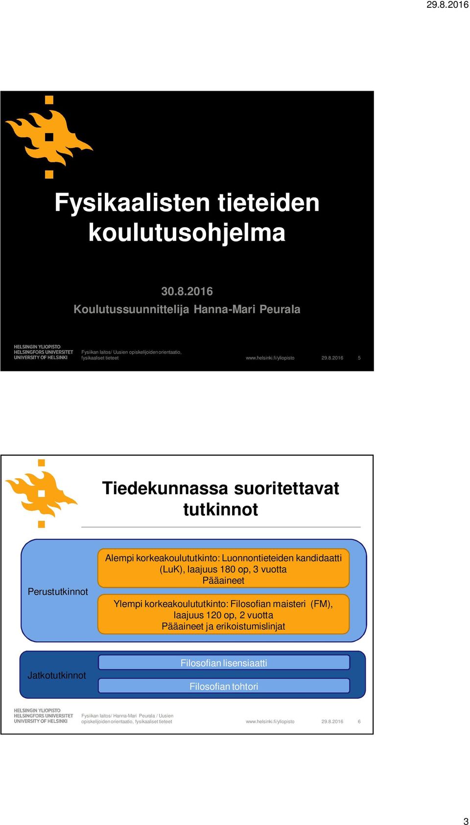 2016 5 Tiedekunnassa suoritettavat tutkinnot Perustutkinnot Alempi korkeakoulututkinto: Luonnontieteiden kandidaatti (LuK),