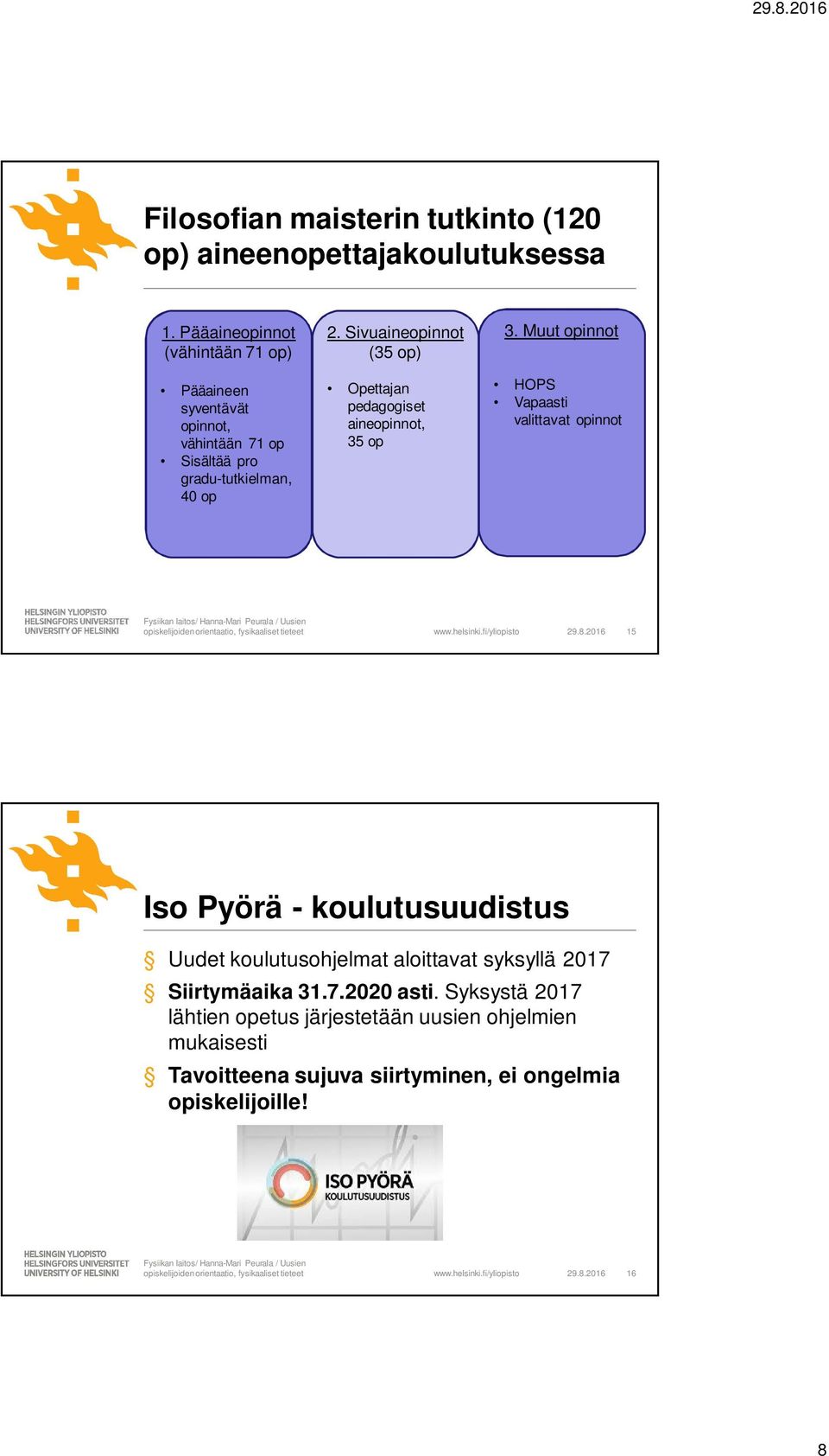 Sivuaineopinnot (35 op) Opettajan pedagogiset aineopinnot, 35 op 3. Muut opinnot HOPS Vapaasti valittavat opinnot 29.8.