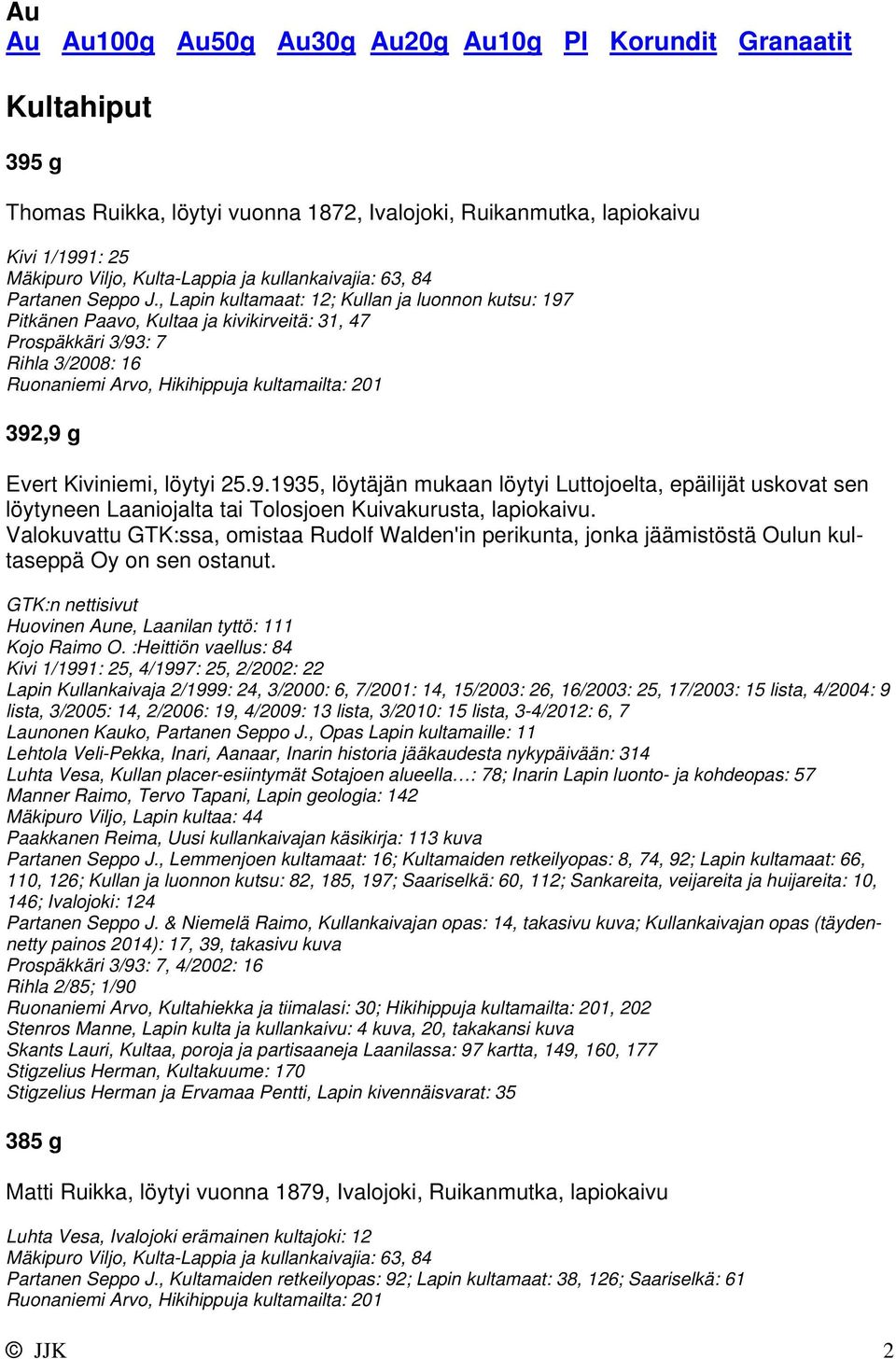 , Lapin kultamaat: 12; Kullan ja luonnon kutsu: 197 Pitkänen Paavo, Kultaa ja kivikirveitä: 31, 47 Rihla 3/2008: 16 Ruonaniemi Arvo, Hikihippuja kultamailta: 201 392,9 g Evert Kiviniemi, löytyi 25.9.1935, löytäjän mukaan löytyi Luttojoelta, epäilijät uskovat sen löytyneen Laaniojalta tai Tolosjoen Kuivakurusta, lapiokaivu.