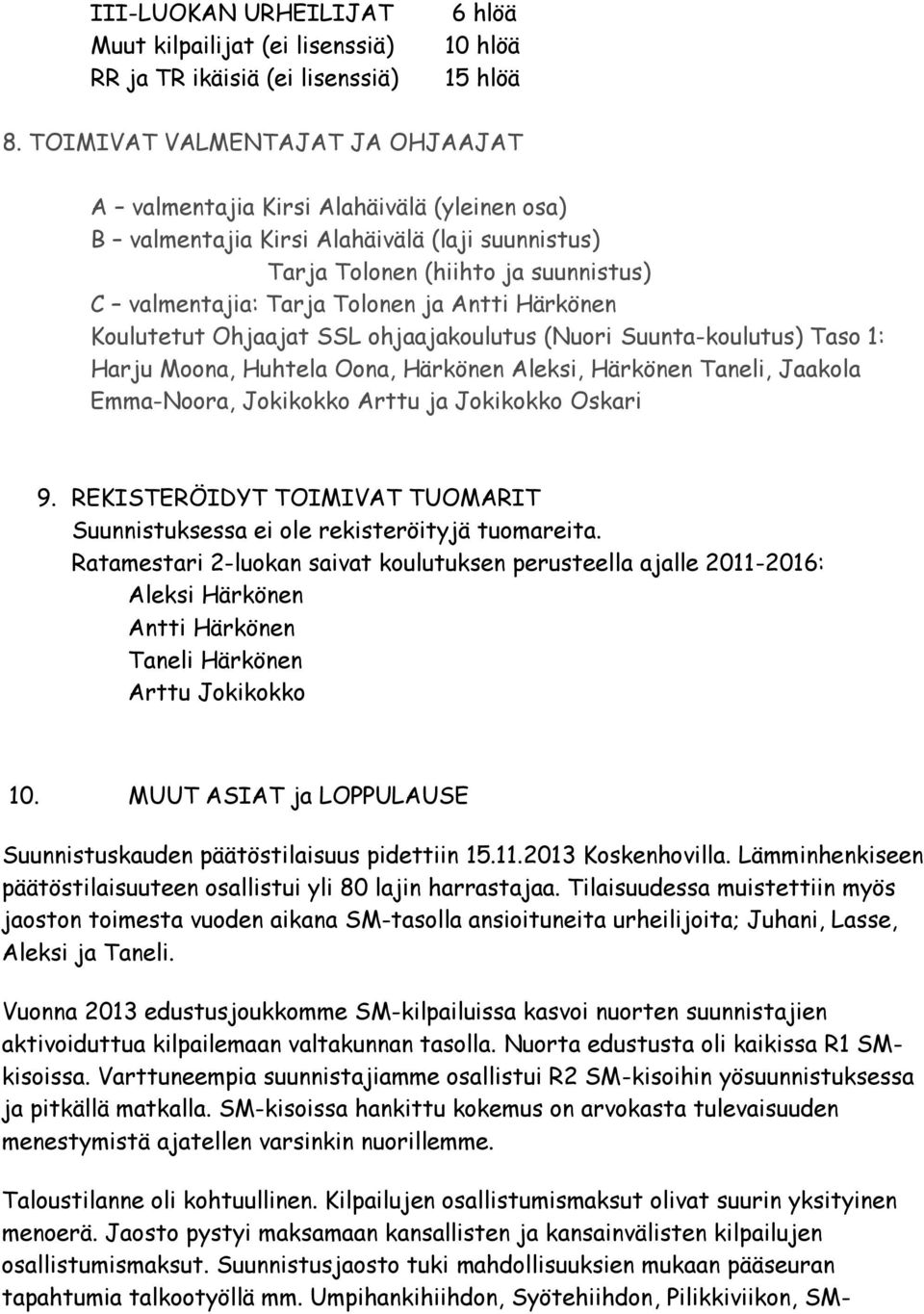 Antti Härkönen Koulutetut Ohjaajat SSL ohjaajakoulutus (Nuori Suunta-koulutus) Taso 1: Harju Moona, Huhtela Oona, Härkönen Aleksi, Härkönen Taneli, Jaakola Emma-Noora, Jokikokko Arttu ja Jokikokko