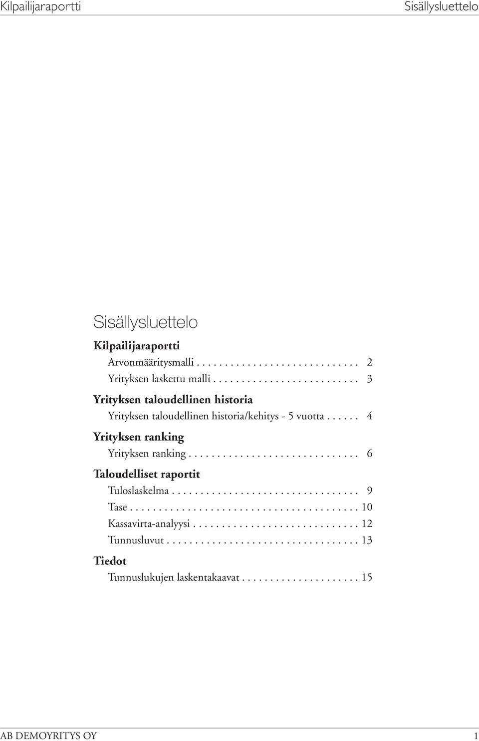 ......... raportit Tuloslaskelma................................. 9. Tase............................................ Kassavirta-analyysi.............................. Tunnusluvut.