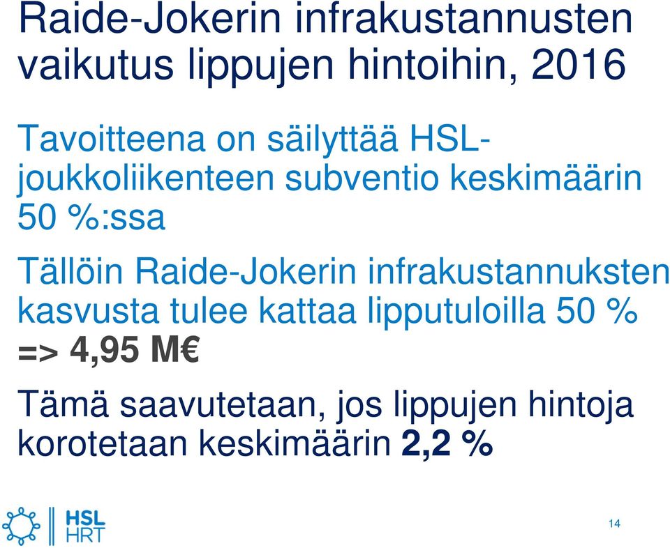 Tällöin Raide-Jokerin infrakustannuksten kasvusta tulee kattaa