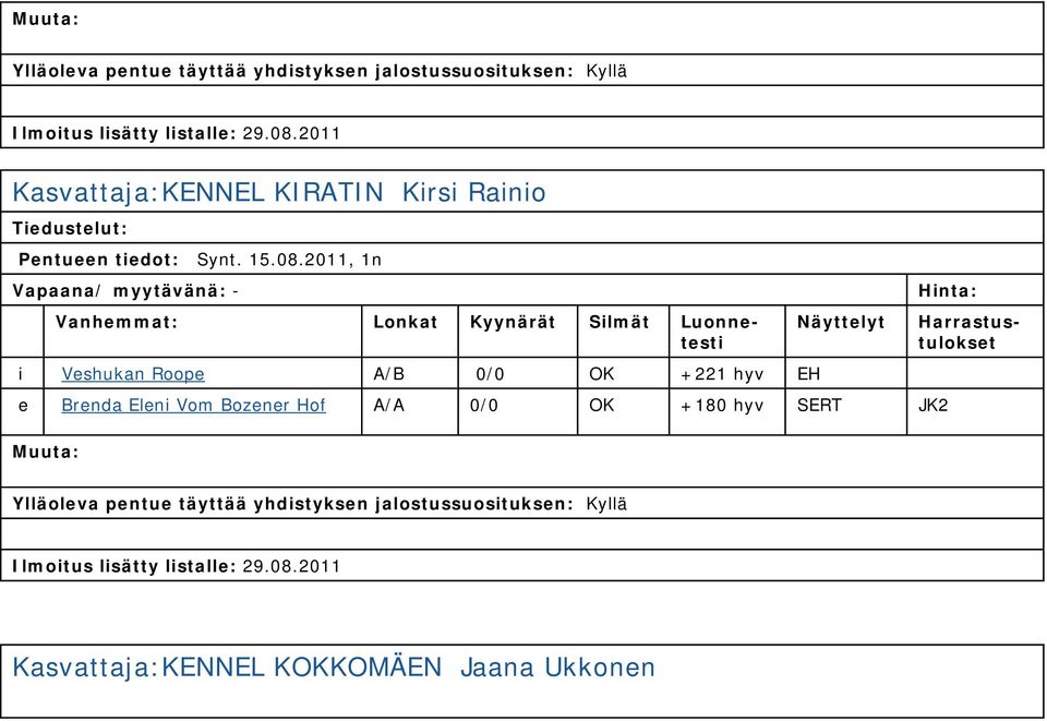 08.2011, 1n Vapaana/ myytävänä: - i Veshukan Roope A/B 0/0 OK +221 hyv EH e Brenda