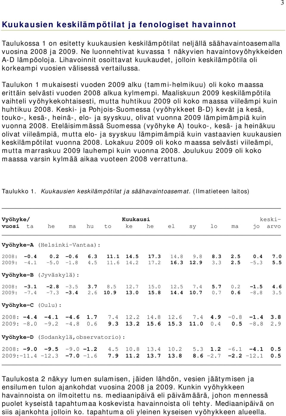 Taulukon 1 mukaisesti vuoden 2009 alku (tammi-helmikuu) oli koko maassa erittäin selvästi vuoden 2008 alkua kylmempi.