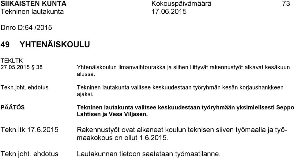 2015 Tekn.joht. ehdotus Tekninen lautakunta valitsee keskuudestaan työryhmän kesän korjaushankkeen ajaksi.