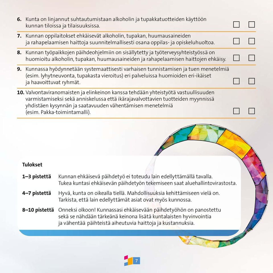 Kunnan työpaikkojen päihdeohjelmiin on sisällytetty ja työterveysyhteistyössä on huomioitu alkoholin, tupakan, huumausaineiden ja rahapelaamisen haittojen ehkäisy. 9.