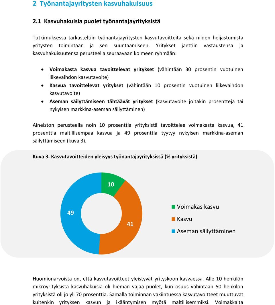 Yritykset jaettiin vastaustensa ja kasvuhakuisuutensa perusteella seuraavaan kolmeen ryhmään: Voimakasta kasvua tavoittelevat yritykset (vähintään 30 prosentin vuotuinen liikevaihdon kasvutavoite)