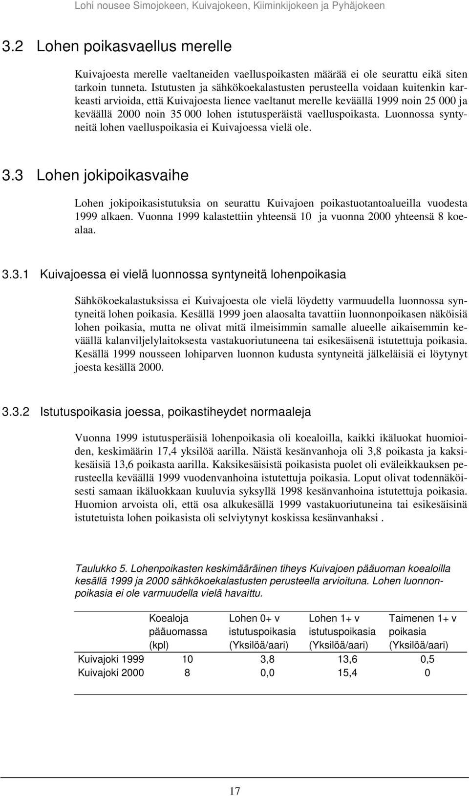 vaelluspoikasta. Luonnossa syntyneitä lohen vaelluspoikasia ei Kuivajoessa vielä ole. 3.