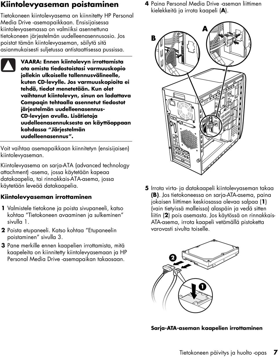 Jos poistat tämän kiintolevyaseman, säilytä sitä asianmukaisesti suljetussa antistaattisessa pussissa. 4 Paina Personal Media Drive -aseman liittimen kielekkeitä ja irrota kaapeli (A).