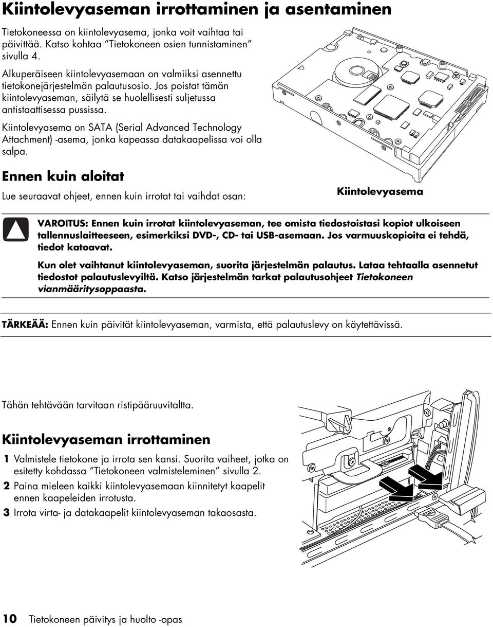 Kiintolevyasema on SATA (Serial Advanced Technology Attachment) -asema, jonka kapeassa datakaapelissa voi olla salpa.