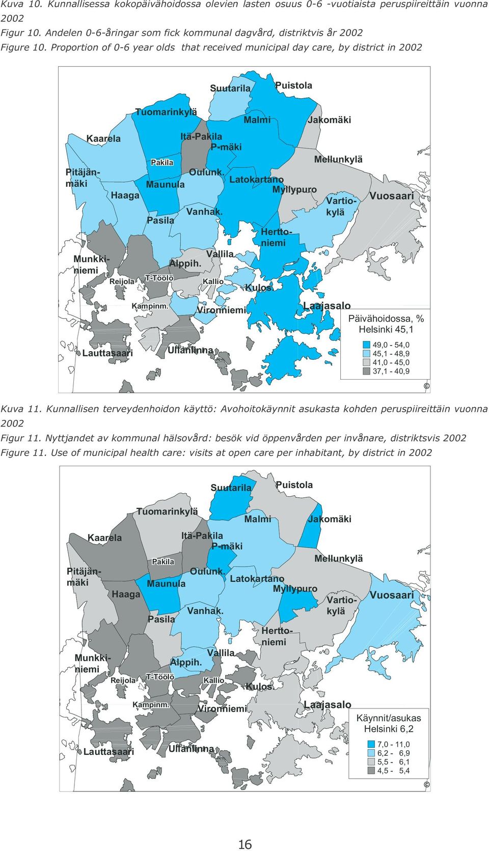 Proportion of 0-6 year olds that received municipal day care, by district in 2002 Käynnit/asukas Helsinki 6,2 Päivähoidossa, % Helsinki 45,1 49,0-54,0 45,1-48,9 41,0-45,0