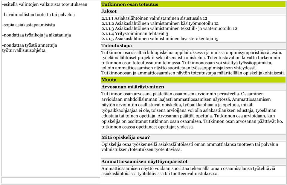 1.1.4 Yritystoiminnan tehtävät 3 2.1.1.5 Asiakaslähtöinen valmistaminen lavasterakentaja 15 Toteutustapa Tutkinnon osa sisältää lähiopiskelua oppilaitoksessa ja muissa oppimisympäristöissä, esim.