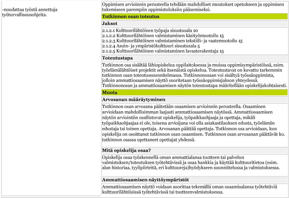 1.2.4 Asuin- ja ympäristökulttuuri sisustusala 5 2.1.2.5 Kulttuurilähtöinen valmistaminen lavasterakentaja 15 Toteutustapa Tutkinnon osa sisältää lähiopiskelua oppilaitoksessa ja muissa oppimisympäristöissä, esim.