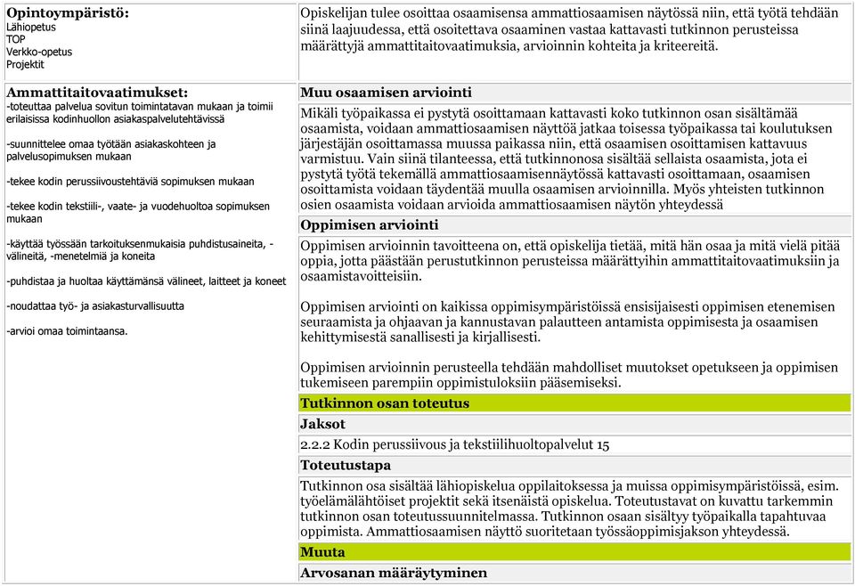 työssään tarkoituksenmukaisia puhdistusaineita, - välineitä, -menetelmiä ja koneita -puhdistaa ja huoltaa käyttämänsä välineet, laitteet ja koneet -noudattaa työ- ja asiakasturvallisuutta -arvioi