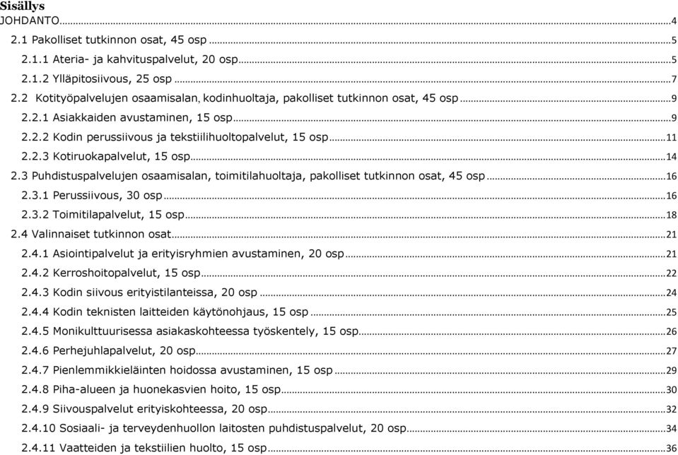 .. 14 2.3 Puhdistuspalvelujen osaamisalan, toimitilahuoltaja, pakolliset tutkinnon osat, 45 osp... 16 2.3.1 Perussiivous, 30 osp... 16 2.3.2 Toimitilapalvelut, 15 osp... 18 2.