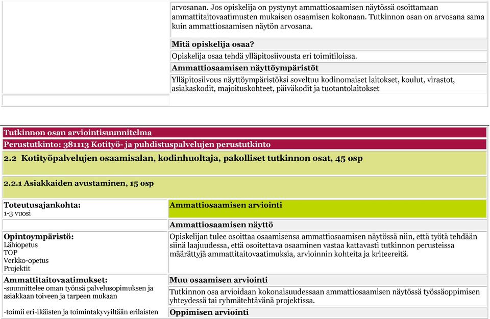 Ammattiosaamisen näyttöympäristöt Ylläpitosiivous näyttöympäristöksi soveltuu kodinomaiset laitokset, koulut, virastot, asiakaskodit, majoituskohteet, päiväkodit ja tuotantolaitokset Tutkinnon osan