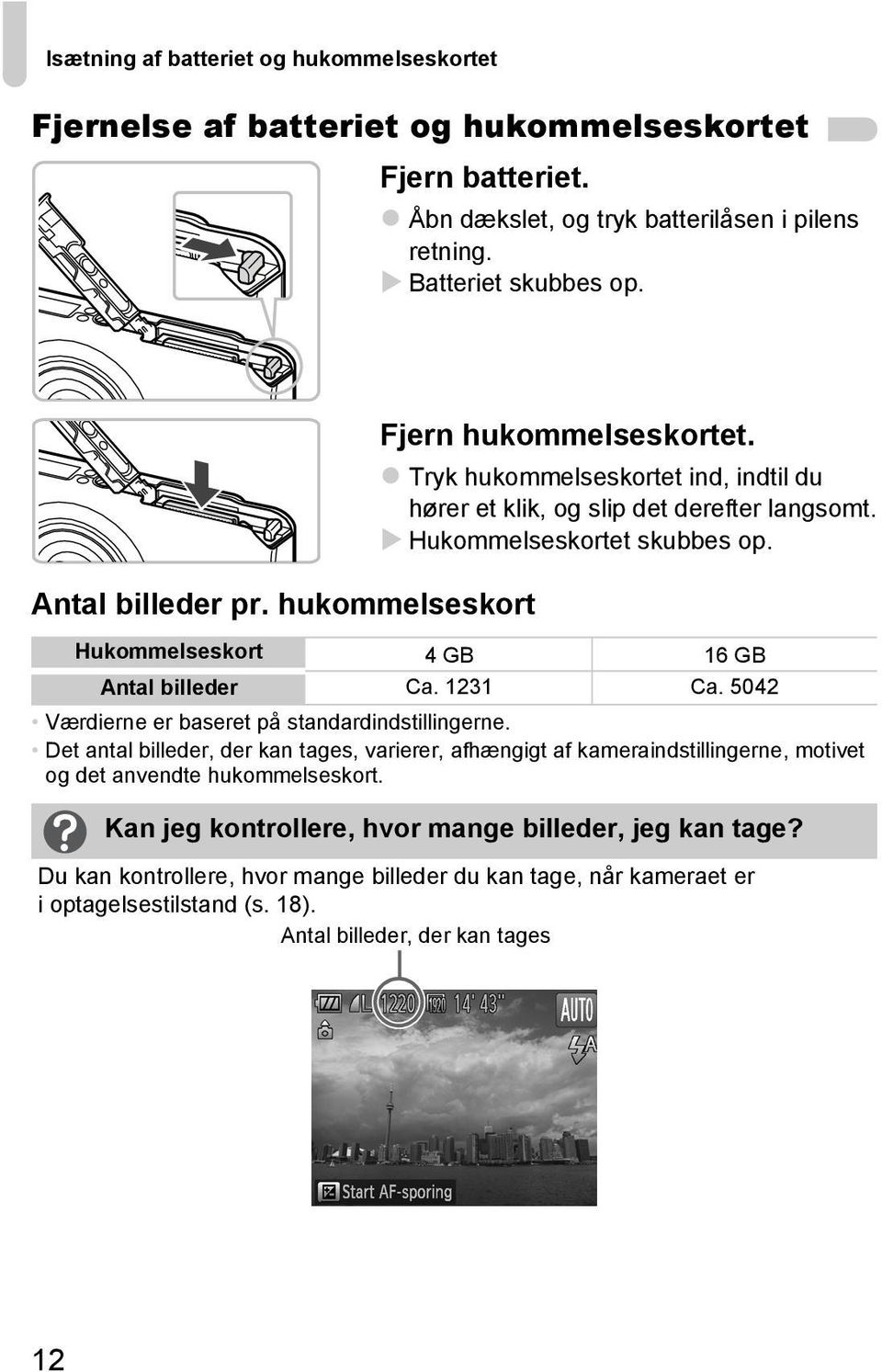 Hukommelseskort 4 GB 16 GB Antal billeder Ca. 1231 Ca. 5042 Værdierne er baseret på standardindstillingerne.