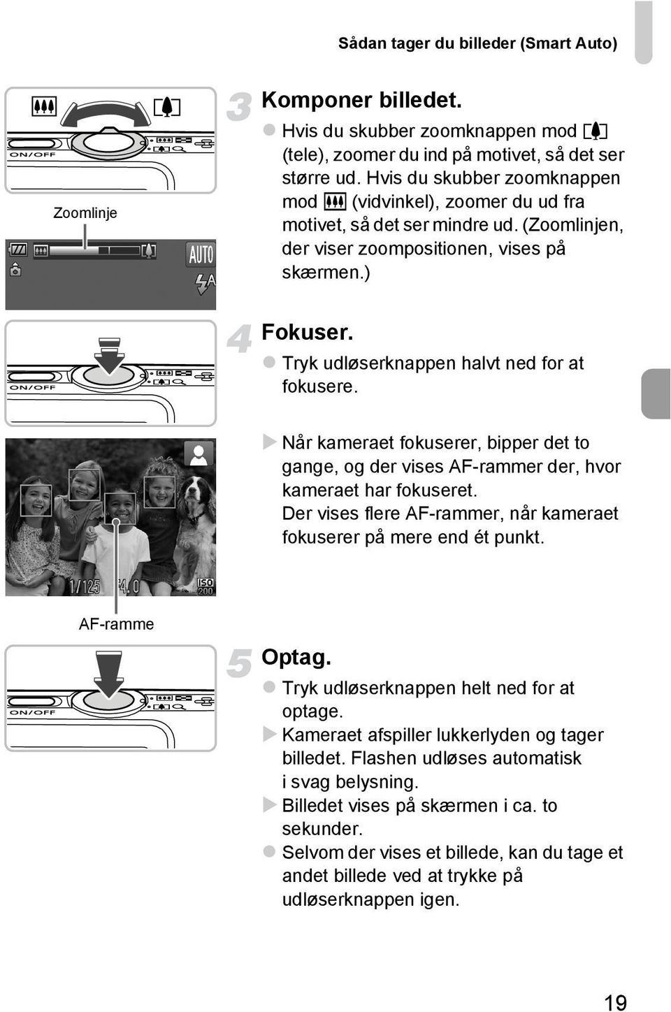 Tryk udløserknappen halvt ned for at fokusere. Når kameraet fokuserer, bipper det to gange, og der vises AF-rammer der, hvor kameraet har fokuseret.