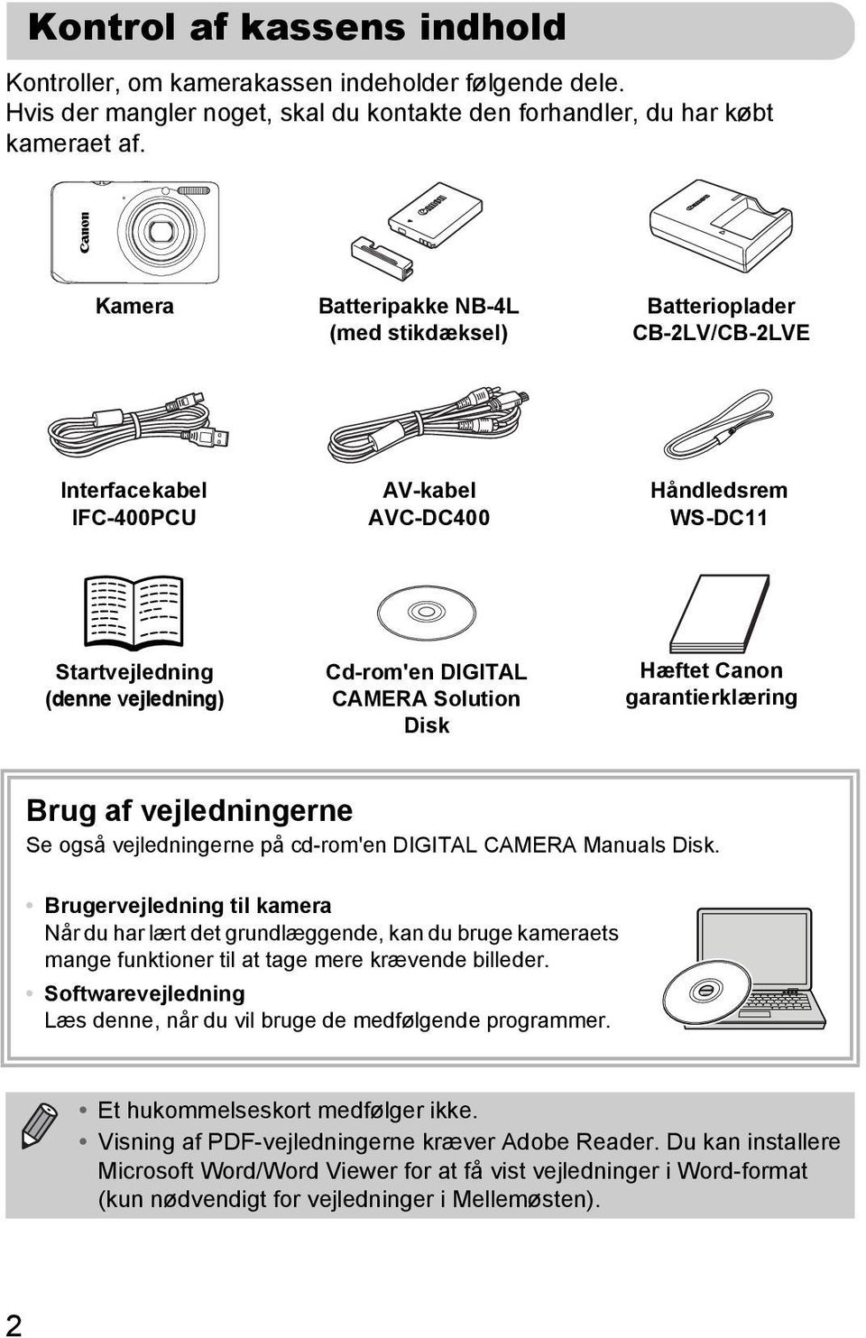 Solution Disk Hæftet Canon garantierklæring Brug af vejledningerne Se også vejledningerne på cd-rom'en DIGITAL CAMERA Manuals Disk.